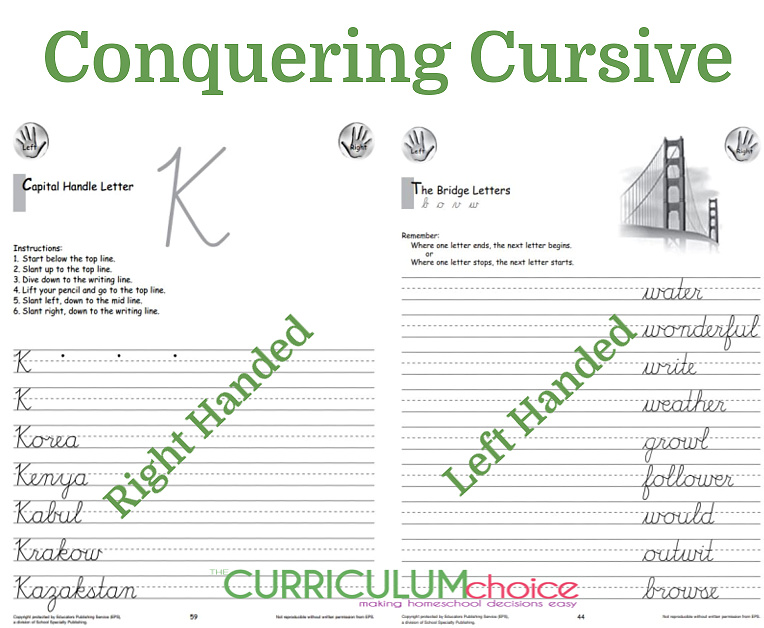 Conquering Cursive is a simple, distraction free cursive workbook for older kids that has separate left and right handed workbooks! A review from The Curriculum Choice