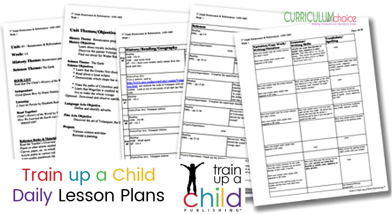 Train up a Child Publishing is a literature based Charlotte Mason approach to homeschooling. The Daily Lesson Plans are already-planned-in-advance and are written for specific grade levels. They include weekly goals and objectives for each subject and include daily lessons  integrating the studies of history, science (K-8), language arts, fine arts, and projects. A review from The Curriculum Choice.