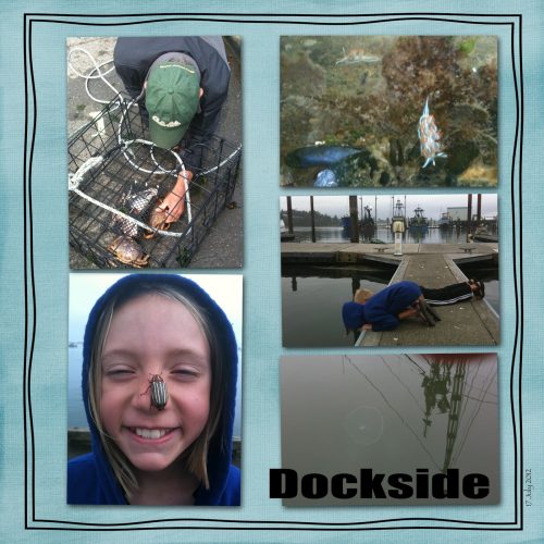 image collage of young girl with a June beetle on her nose, two children on a dock, and a man crabbing