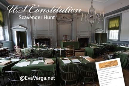 image of room where the US Constitution was drafted and signed with text Our US Constitution: A Scavenger Hunt Activity for Teens @EvaVarga.net