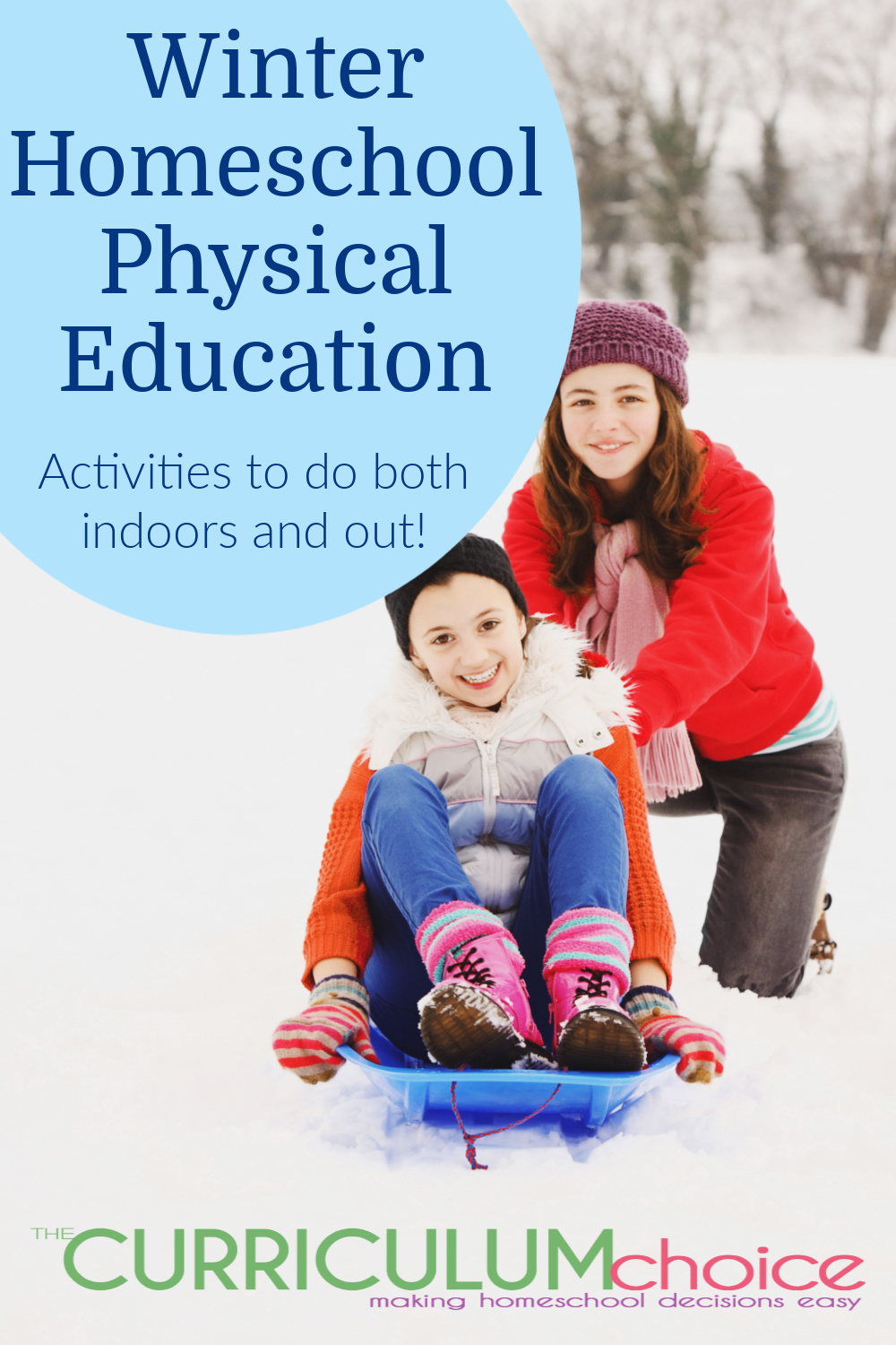 Winter homeschool physical education can include both indoor and outdoor activities. Yes! You can do outdoor PE in the winter! Everything from ice skating and snow shoeing outside, to dance parties, and exercise videos inside!